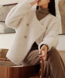 【Jasmine】ゆったりVネックノーカラーダブルボタンフェイクファージャケット (AW)