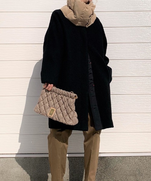 Q（キュー）の「ノーカラーミドルコート（ノーカラーコート・レディース・ブラック/ターコイズブルー・MEDIUM）」の2枚目の写真