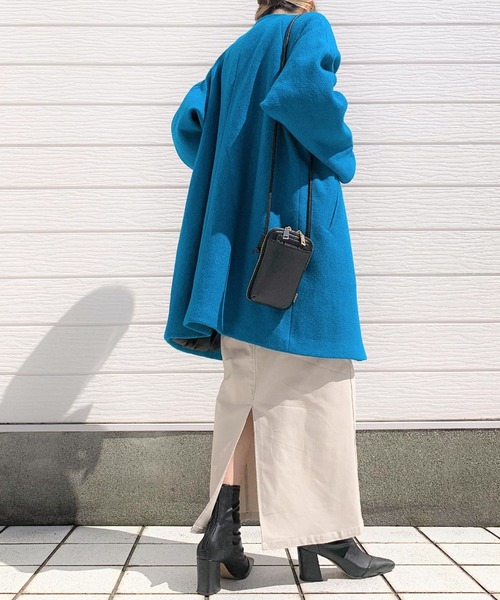 Q（キュー）の「ノーカラーミドルコート（ノーカラーコート・レディース・ブラック/ターコイズブルー・MEDIUM）」の14枚目の写真