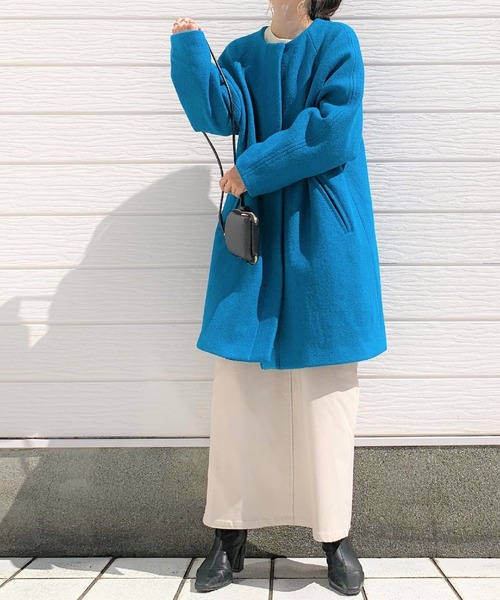 Q（キュー）の「ノーカラーミドルコート（ノーカラーコート・レディース・ブラック/ターコイズブルー・MEDIUM）」の10枚目の写真
