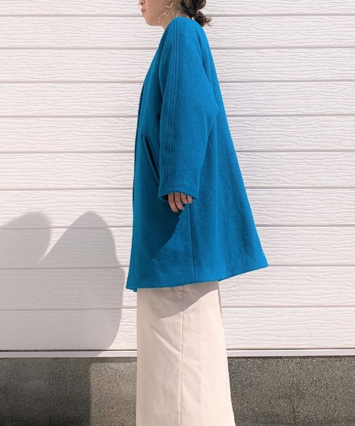 Q（キュー）の「ノーカラーミドルコート（ノーカラーコート・レディース・ブラック/ターコイズブルー・MEDIUM）」の3枚目の写真