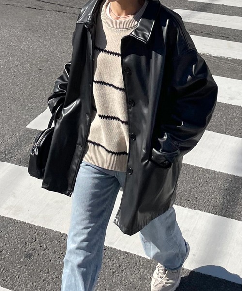 Chillfar（チルファー）の「オーバーフェイクレザージャケット（ブルゾン・レディース・カーキ/ブラック/アイボリー/ブラウン・FREE）」の3枚目の写真