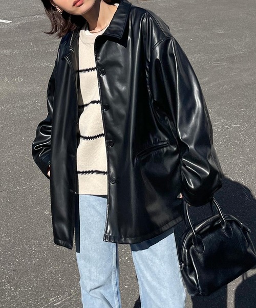 Chillfar（チルファー）の「オーバーフェイクレザージャケット（ブルゾン・レディース・カーキ/ブラック/アイボリー/ブラウン・FREE）」の14枚目の写真