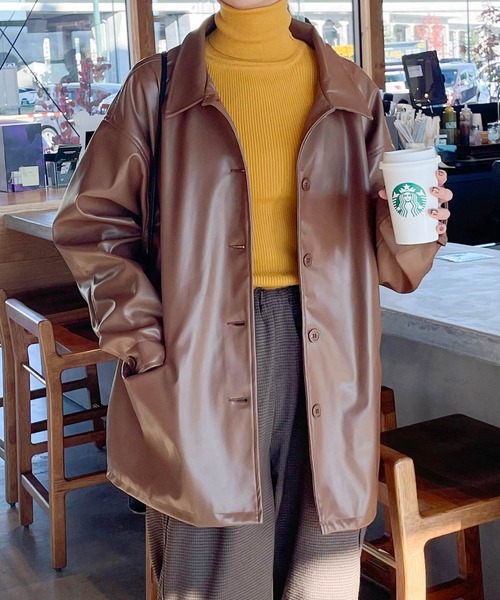 Chillfar（チルファー）の「オーバーフェイクレザージャケット（ブルゾン・レディース・カーキ/ブラック/アイボリー/ブラウン・FREE）」の19枚目の写真