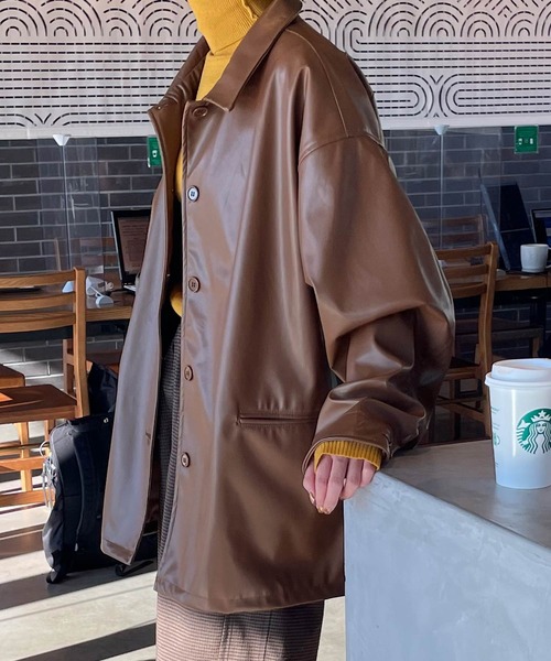 Chillfar（チルファー）の「オーバーフェイクレザージャケット（ブルゾン・レディース・カーキ/ブラック/アイボリー/ブラウン・FREE）」の21枚目の写真