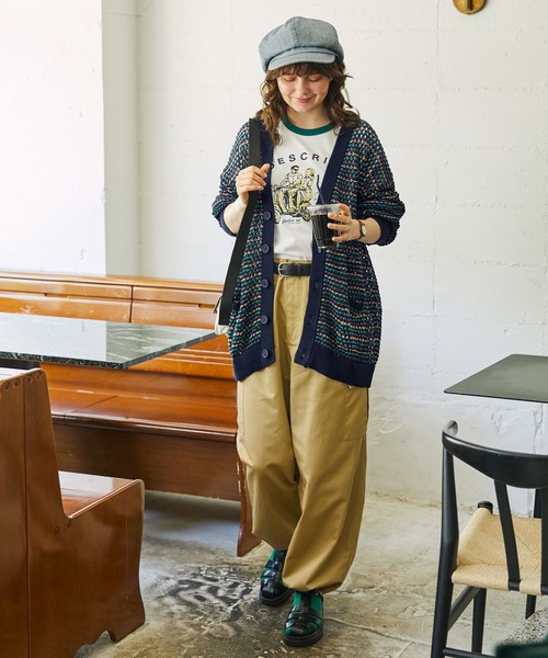 透かし編みマルチボーダーVネックニットカーディガン（カーディガン