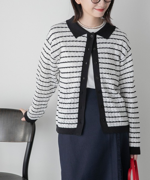 アンサンブル対応】リンガー配色 レース編み ニットポロカーディガン