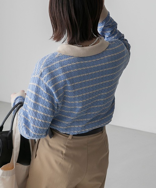 BONLECILL（ボンルシール）の「【アンサンブル対応】リンガー配色 レース編み ニットポロカーディガン（カーディガン/ボレロ・レディース・ブルー/グリーン/オレンジ/ブラック/ネイビー/アイボリー・FREE）」の12枚目の写真