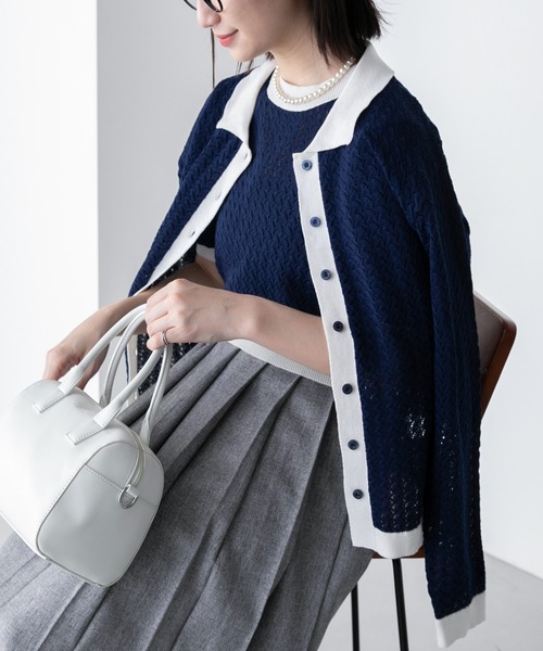 アンサンブル対応】リンガー配色 レース編み ニットポロカーディガン