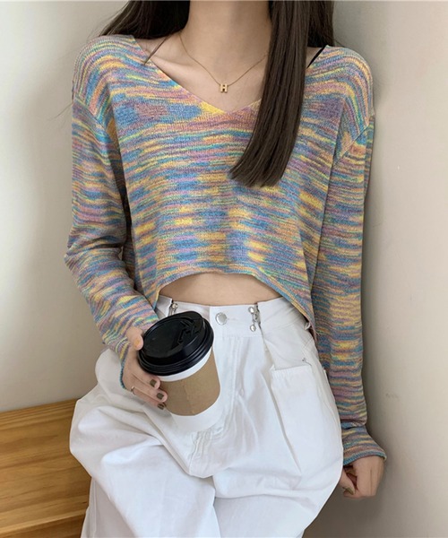 Jewelobe(ジュエローブ)の「ミックスヤーンクロップドニットプルオーバー(ニット/セーター・レディース・ピンク/ホワイト/パープル・FREE)」の2枚目の写真
