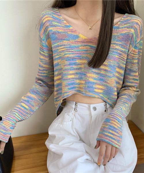 Jewelobe(ジュエローブ)の「ミックスヤーンクロップドニットプルオーバー(ニット/セーター・レディース・ピンク/ホワイト/パープル・FREE)」の4枚目の写真