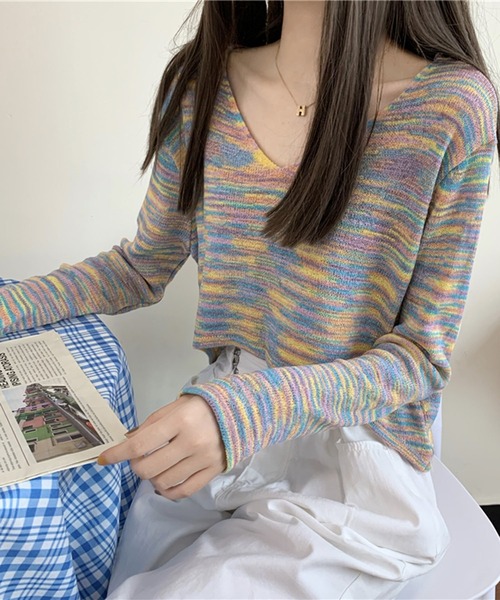 Jewelobe(ジュエローブ)の「ミックスヤーンクロップドニットプルオーバー(ニット/セーター・レディース・ピンク/ホワイト/パープル・FREE)」の6枚目の写真