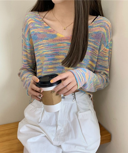 Jewelobe(ジュエローブ)の「ミックスヤーンクロップドニットプルオーバー(ニット/セーター・レディース・ピンク/ホワイト/パープル・FREE)」の7枚目の写真