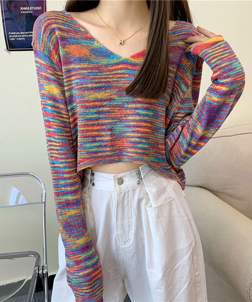 Jewelobe(ジュエローブ)の「ミックスヤーンクロップドニットプルオーバー(ニット/セーター・レディース・ピンク/ホワイト/パープル・FREE)」の9枚目の写真