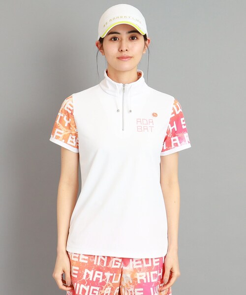 adabat（アダバット）の「◆【日本製/UVカット/防透け】ロゴデザイン 半袖ハーフジッププルオーバー（Tシャツ/カットソー・レディース・オレンジ系その他2/ブルー系5/ライトグリーン系・36/38/40/42）」の11枚目の写真