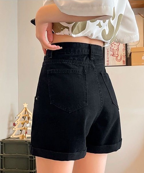 gossip!ロサンゼルス(ゴシップロサンゼルス)の「ハイウェストショートデニムパンツ(デニムパンツ・レディース・ブラック/ライトブルー・S/M/L)」の6枚目の写真