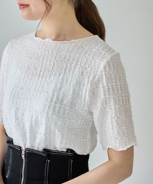 tocco closet(トッコ クローゼット)の「【ZOZO限定】カットジャガードメロートップス(Tシャツ/カットソー・レディース・オフホワイト/ブラック・M)」の1枚目の写真
