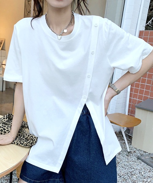 Amulet（アミュレット）の「アシンメトリースリットTシャツ（Tシャツ/カットソー・レディース・ホワイト/グリーン/ブラック・L/M/XL）」の2枚目の写真