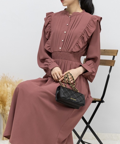 セール】ピンタック パール釦 肩フリルワンピース（ワンピース