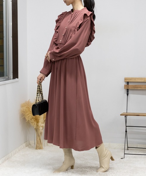 セール】ピンタック パール釦 肩フリルワンピース（ワンピース