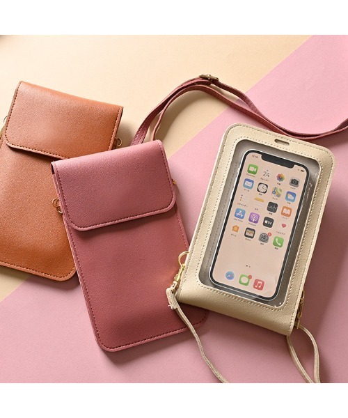 Hamee(ハミィ)の「クリアポケット付きスマホショルダーポーチ 各種スマートフォン対応(ショルダーバッグ・レディース・スモークピンク/ブラック/ベージュ/グレイッシュベージュ/キャメル・FREE)」の7枚目の写真