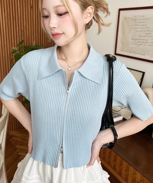 Wジップ衿付き半袖ニットカーディガン