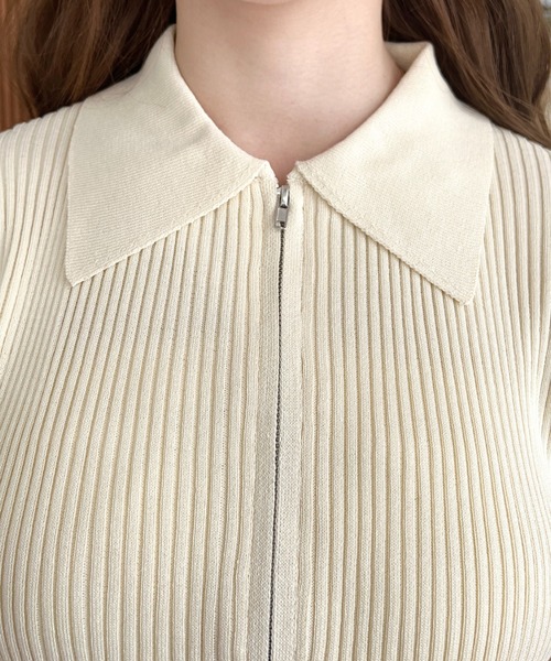 Wジップ衿付き半袖ニットカーディガン