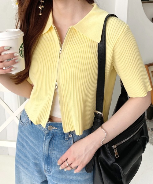 Wジップ衿付き半袖ニットカーディガン