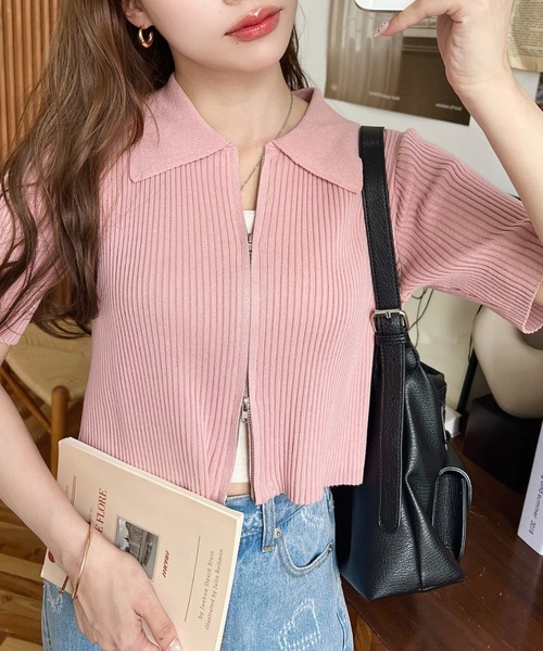 Wジップ衿付き半袖ニットカーディガン