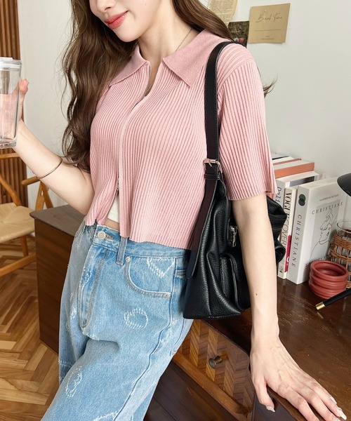 Wジップ衿付き半袖ニットカーディガン