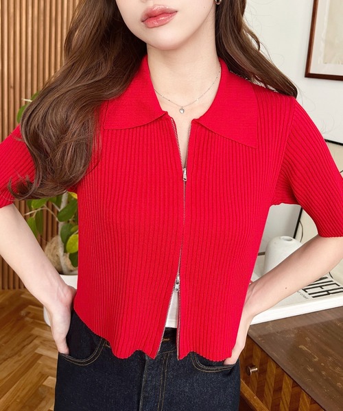 Wジップ衿付き半袖ニットカーディガン