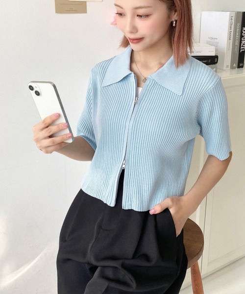 moment+（モーメントプラス）の「Wジップ衿付き半袖ニットカーディガン