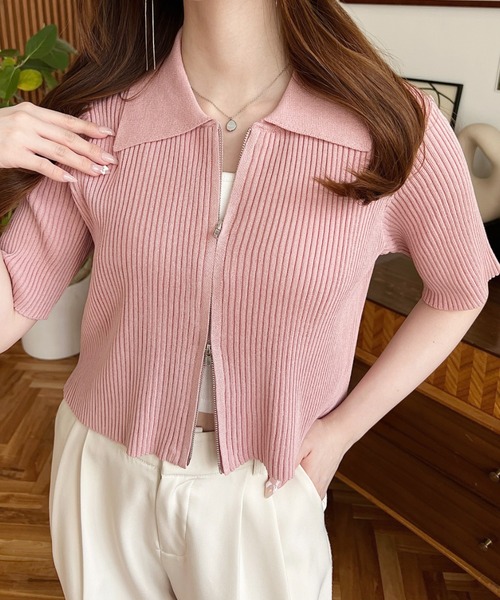 セール】Wジップ衿付き半袖ニットカーディガン（カーディガン/ボレロ