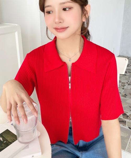 セール】Wジップ衿付き半袖ニットカーディガン（カーディガン/ボレロ