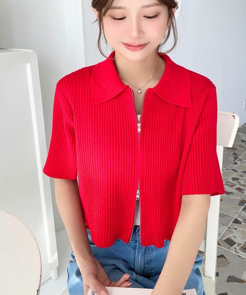 セール】Wジップ衿付き半袖ニットカーディガン（カーディガン/ボレロ