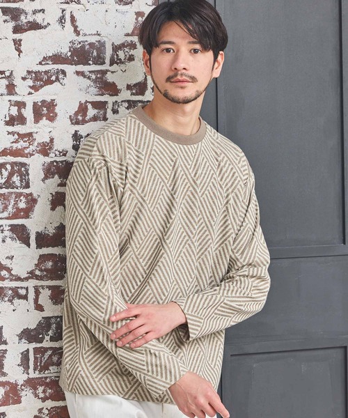 UNION STATION(ユニオンステーション)の「配色ジオメトリックリンクスジャガードロンT(Tシャツ/カットソー・メンズ・ブラック/ベージュ・LL/M/L)」の1枚目の写真