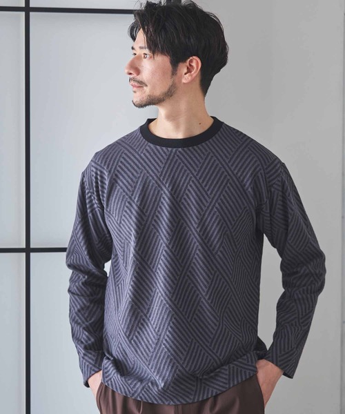 UNION STATION(ユニオンステーション)の「配色ジオメトリックリンクスジャガードロンT(Tシャツ/カットソー・メンズ・ブラック/ベージュ・LL/M/L)」の2枚目の写真