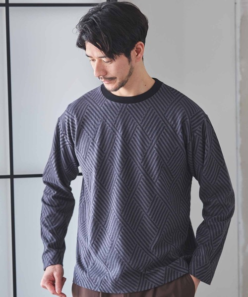 UNION STATION(ユニオンステーション)の「配色ジオメトリックリンクスジャガードロンT(Tシャツ/カットソー・メンズ・ブラック/ベージュ・LL/M/L)」の7枚目の写真