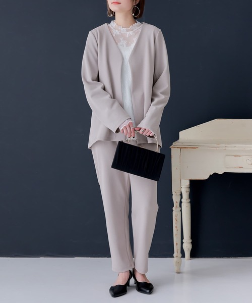 ■23区 　ノーカラ―ジャケット＆パンツ　38号　セットアップ　新品　パンツスーツ　トリアセダブルジョーゼット 　 ジャケット ノーカラージャケット 「セットアップ対応&frasl;洗える」トリアセダブルジョーゼット ノーカラー ジャケット レディース