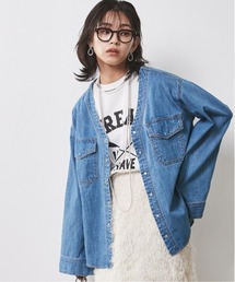 CHIC STYLE | 大きいサイズ 綿100％ワイドスリーブVネックデニムシャツ シックスタイル(シャツ/ブラウス)