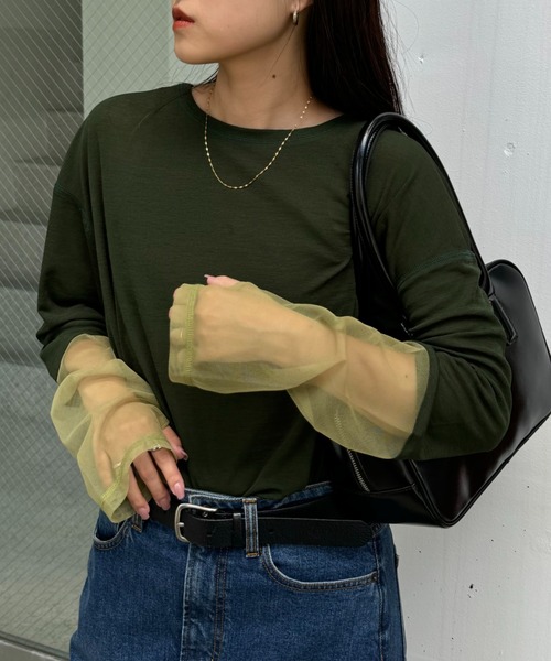 CIAOPANIC TYPY（チャオパニックティピー）の「【新色追加】袖切替シアーアソートTEE（Tシャツ/カットソー・レディース・ホワイト系その他/ホワイト/オレンジ/サックスブルー/ブラック/ブルー/ネイビー/アイボリー/カーキ/ライトブラウン・ONE SIZE）」の7枚目の写真