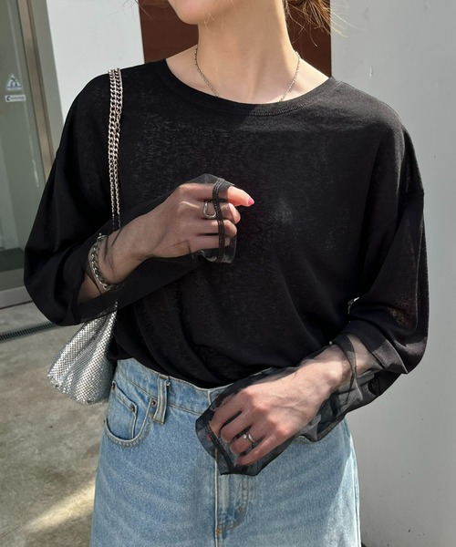 CIAOPANIC TYPY（チャオパニックティピー）の「【新色追加】袖切替シアーアソートTEE（Tシャツ/カットソー・レディース・ホワイト系その他/ホワイト/オレンジ/サックスブルー/ブラック/ブルー/ネイビー/アイボリー/カーキ/ライトブラウン・ONE SIZE）」の5枚目の写真