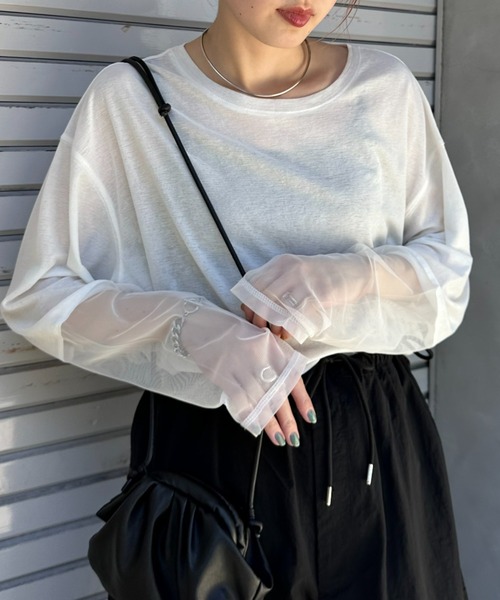 CIAOPANIC TYPY（チャオパニックティピー）の「【新色追加】袖切替シアーアソートTEE（Tシャツ/カットソー・レディース・ホワイト系その他/ホワイト/オレンジ/サックスブルー/ブラック/ブルー/ネイビー/アイボリー/カーキ/ライトブラウン・ONE SIZE）」の11枚目の写真