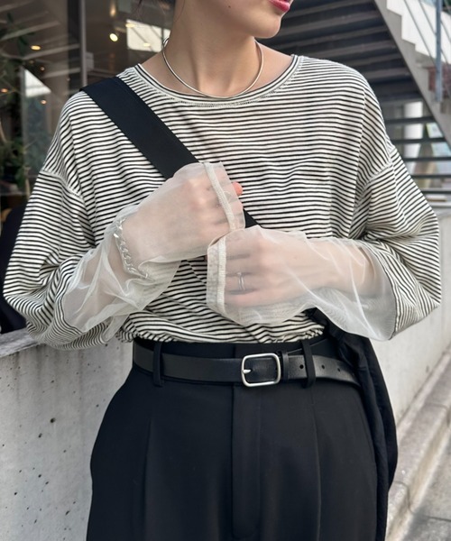 CIAOPANIC TYPY（チャオパニックティピー）の「【新色追加】袖切替シアーアソートTEE（Tシャツ/カットソー・レディース・ホワイト系その他/ホワイト/オレンジ/サックスブルー/ブラック/ブルー/ネイビー/アイボリー/カーキ/ライトブラウン・ONE SIZE）」の16枚目の写真