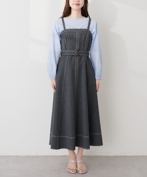 natural couture(ナチュラルクチュール)の「ウエストベルトステッチデザインジャンスカ(ジャンパースカート・レディース・ネイビー/ライトベージュ/ブラック・FREE)」の21枚目の写真