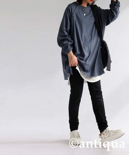 antiqua(アンティカ)の「綿麻混ロングTシャツ(Tシャツ/カットソー・レディース・ブラック/ホワイト/ブルー・FREE)」の15枚目の写真