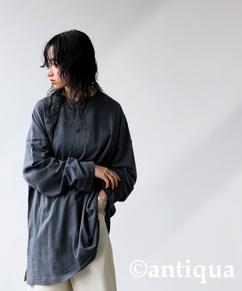 antiqua(アンティカ)の「綿麻混ロングTシャツ(Tシャツ/カットソー・レディース・ブラック/ホワイト/ブルー・FREE)」の9枚目の写真