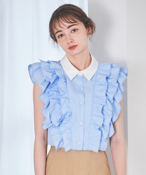31 Sons de mode（トランテアン　ソン　ドゥ　モード）の「クロップドフリルシャツ（シャツ/ブラウス・レディース・ブラック/オフホワイト/サックスブルー・36/38）」の3枚目の写真