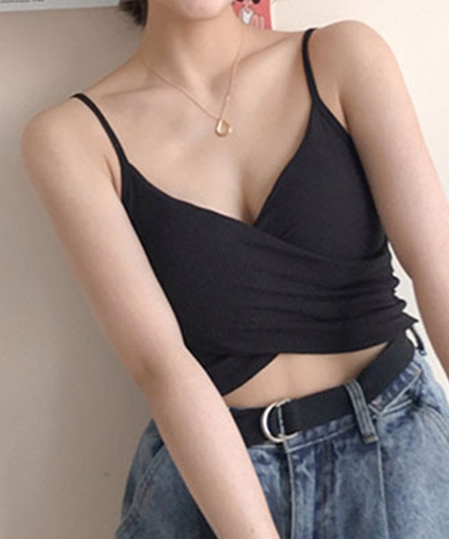 Lace Ladies(レースレディース)の「ソリッドカラー クロスデザイン リブ カップ付き キャミソール(キャミソール・レディース・グレー/ベージュ/ホワイト/ブラック・FREE)」の8枚目の写真