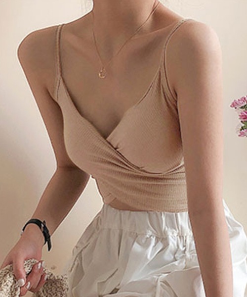 Lace Ladies(レースレディース)の「ソリッドカラー クロスデザイン リブ カップ付き キャミソール(キャミソール・レディース・グレー/ベージュ/ホワイト/ブラック・FREE)」の6枚目の写真